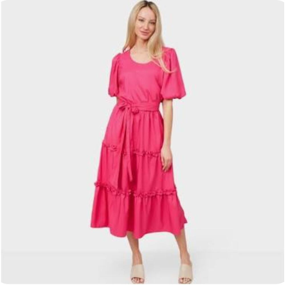 Mark & James Badgley Mischka Sz M Macie Puff Sleeve Midi Tiered Dress Hot Pink